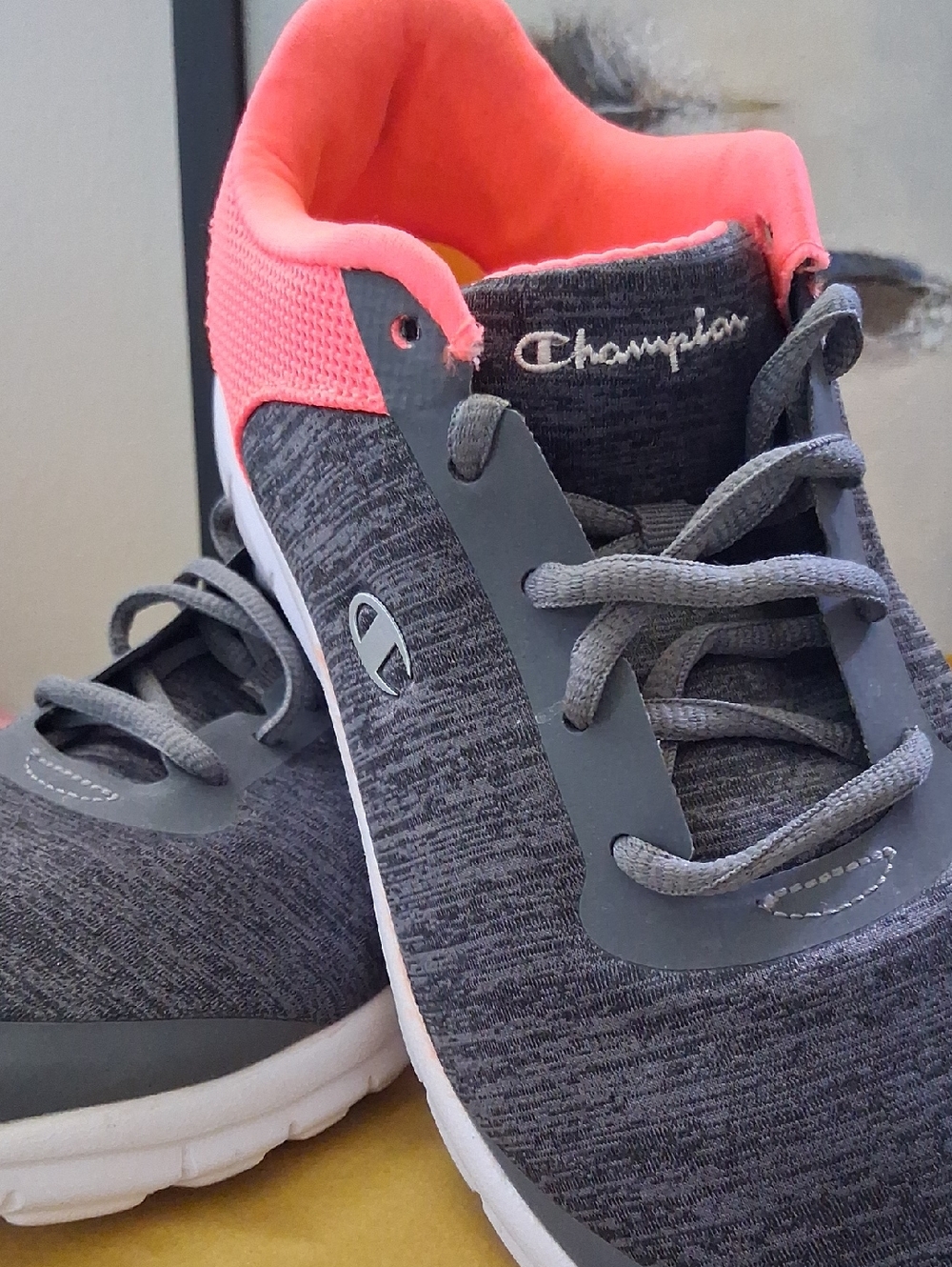 Champion Gray Knit Athletic Sneakers with Coral Accents